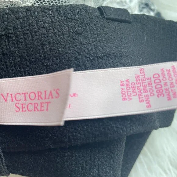 NWOT Victoria's Secret Strapless Black & White polkadot floral lace trim 38DDD - Picture 5 of 15